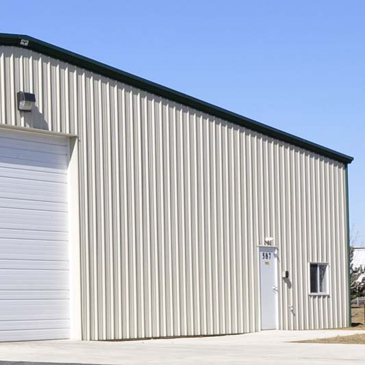 Exterior view of a large warehouse building